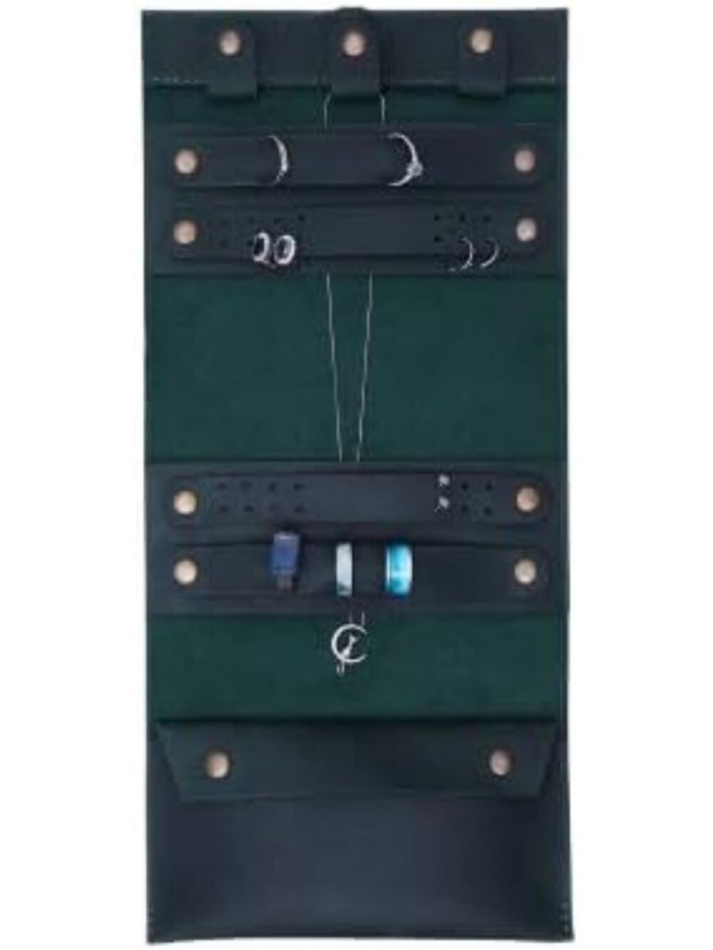 Vintage Green Jewelry Travel Organizer Roll - Leather Case for Necklaces, Rings